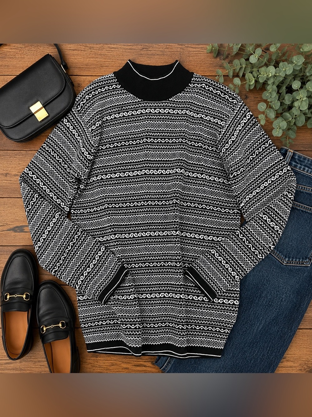 Lizsport Black White Fair Isle Mock Neck Cotton Sweater Small